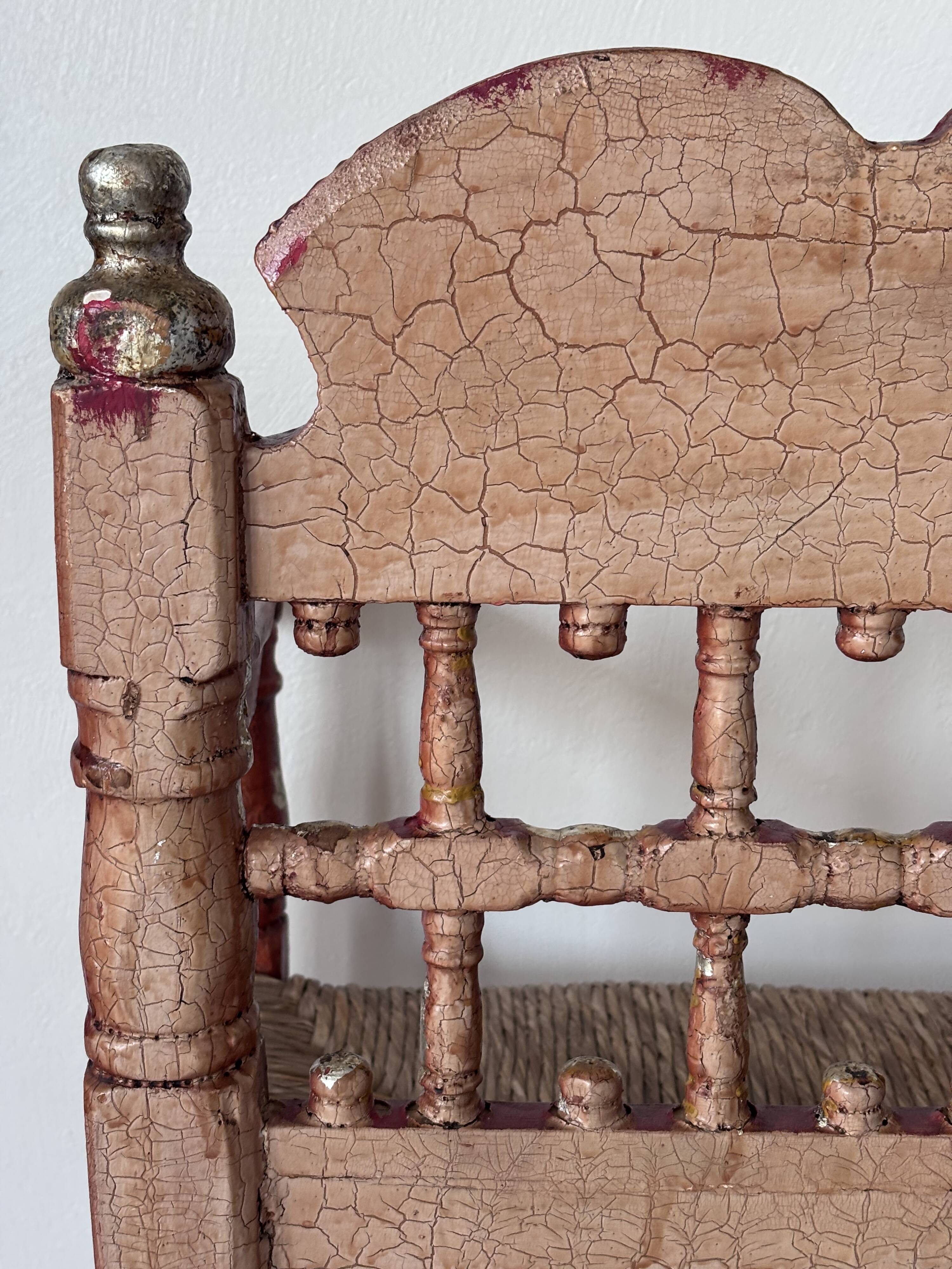 Vintage Spanish low chair in painted wood and straw (Majorca Andalusia)