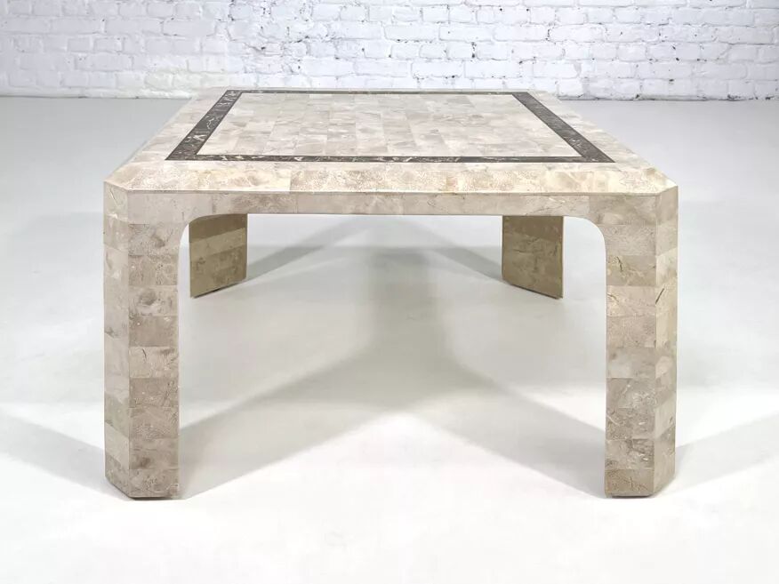 1970s-80s coffee table in stone marquetry and brass.