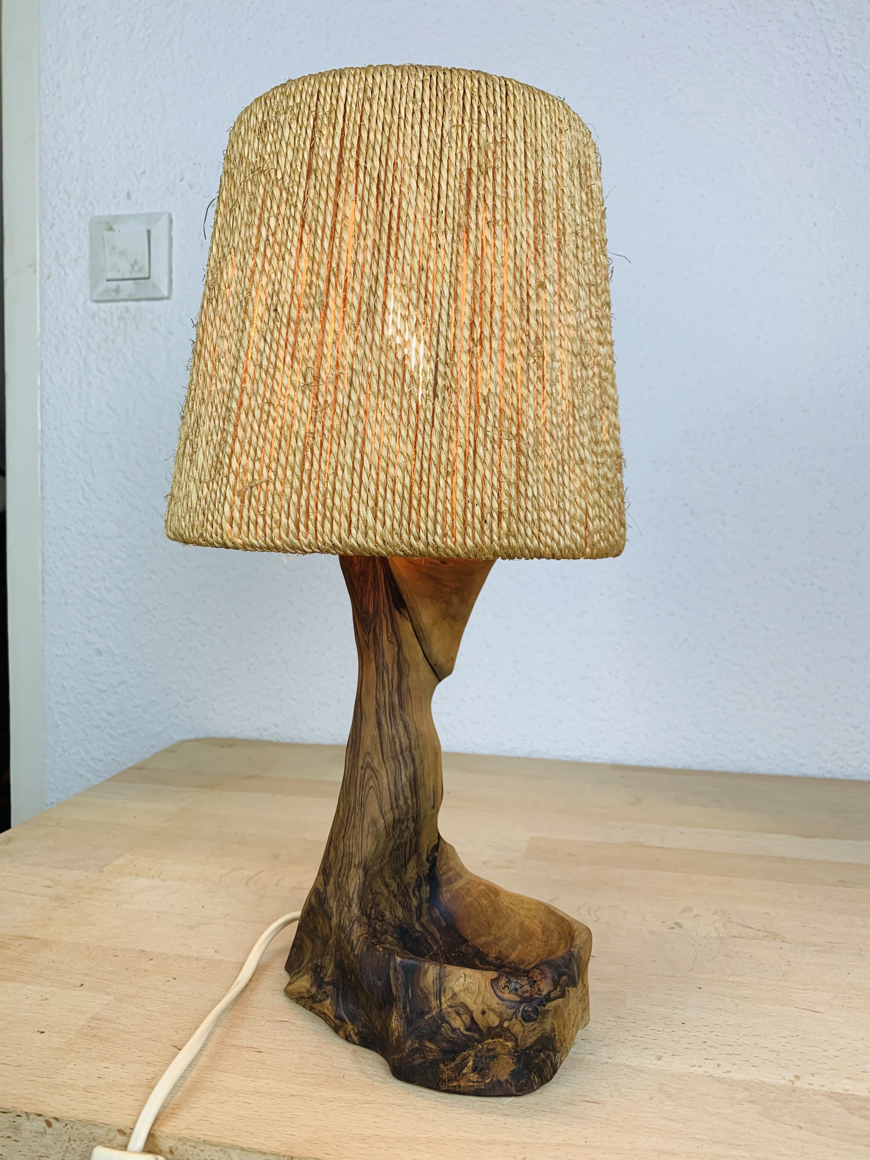 Brutalist lamp olive wood and organic style rope