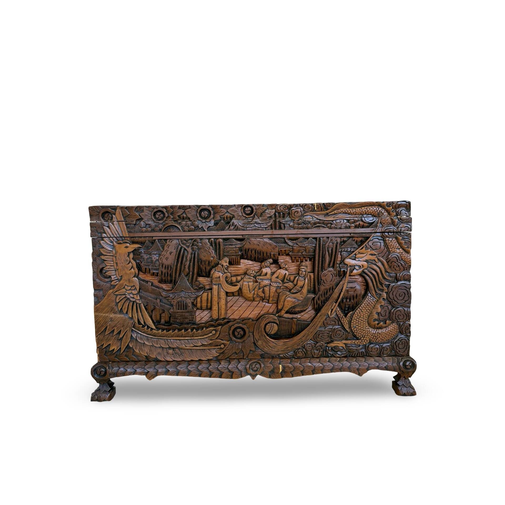 Antique Chinese Carved Export Chest – Dragon, Phoenix & Landscape Deco