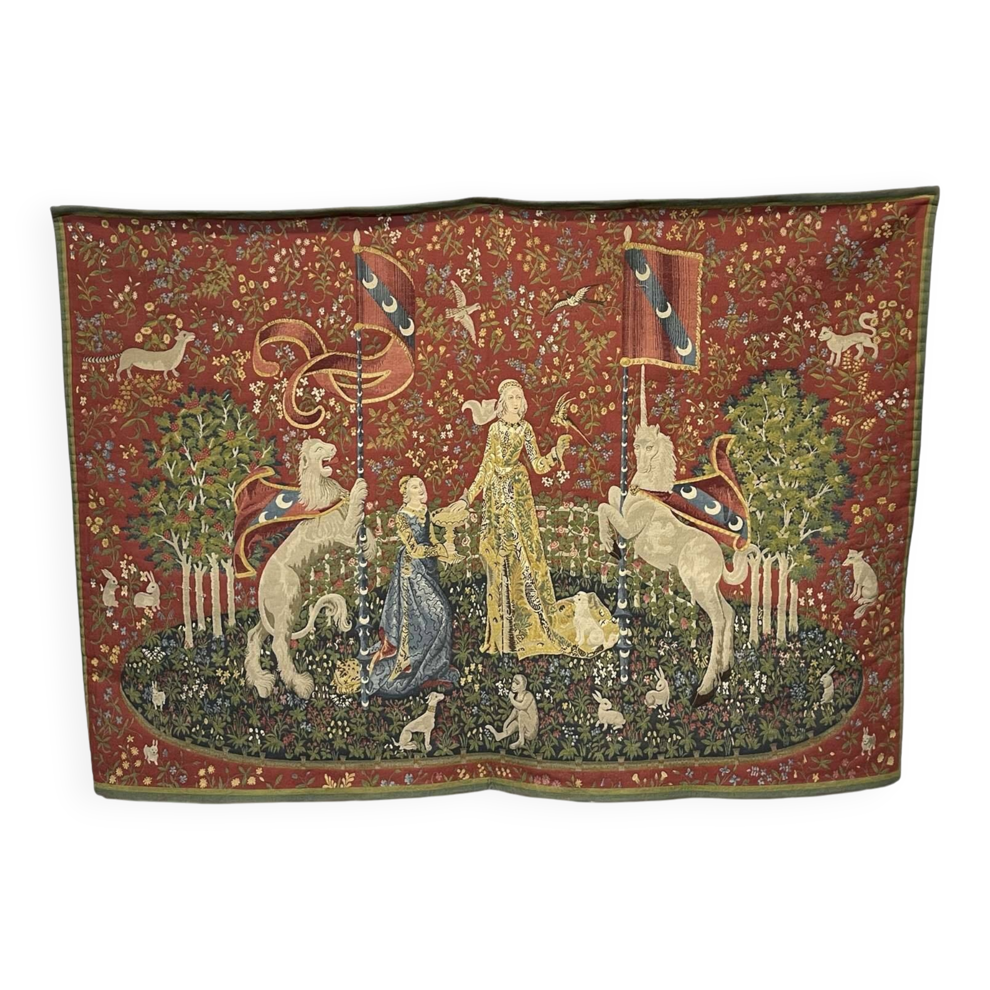 Medieval-style handmade tapestry, named Lady with the Unicorn.