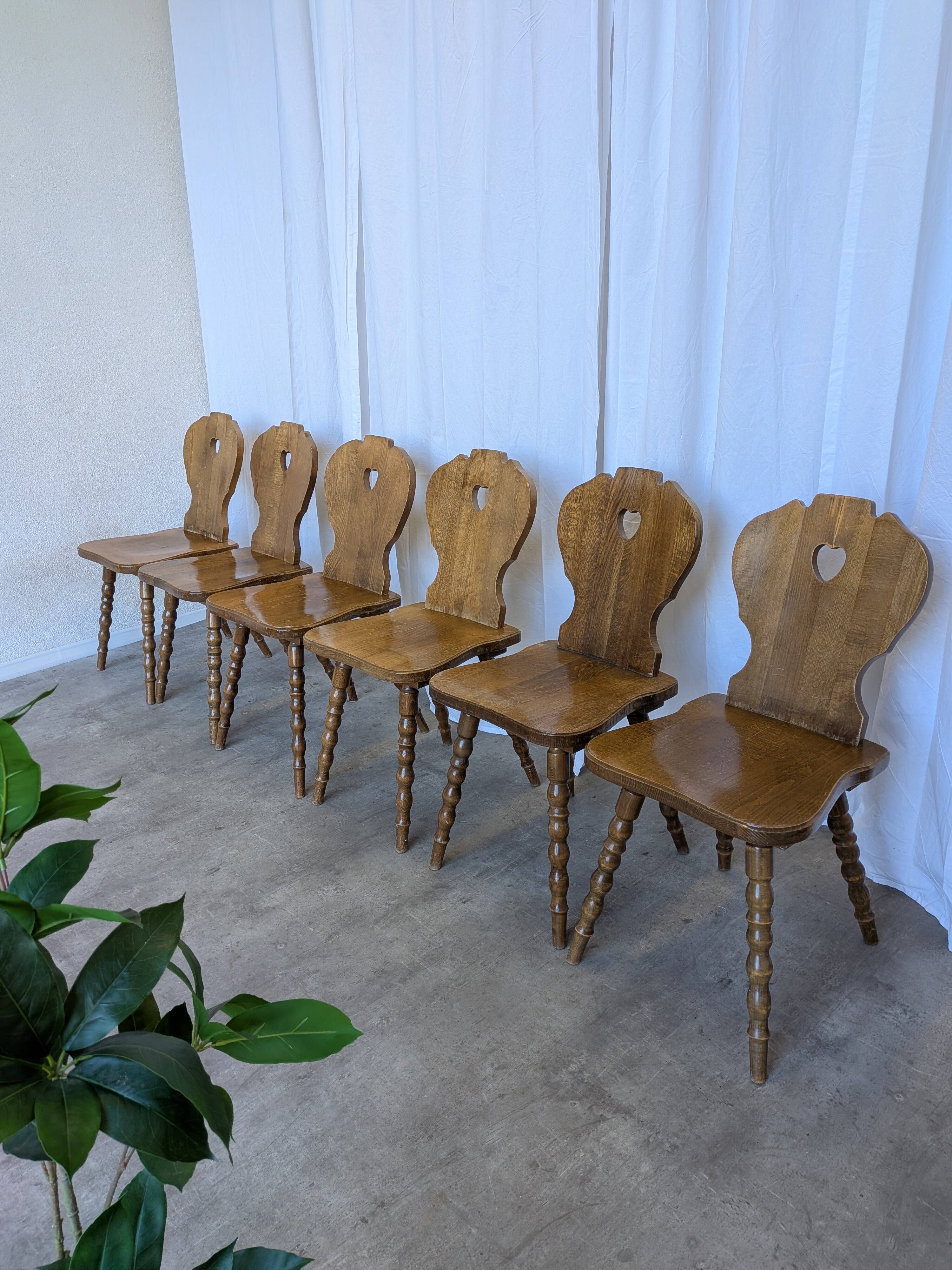 Set of 6 Vintage Tyrolean Heart Cutout Wooden Dining Chairs / Darker Brown