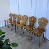Set of 6 Vintage Tyrolean Heart Cutout Wooden Dining Chairs / Darker Brown