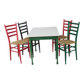 B&B Italy Wicker Chairs Table Colorful Mid-Century Design 60s 70s, Set of 5