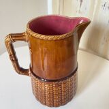 Old vintage ceramic pitcher or jug from Sarreguemines France Brown and pink interior, imitation basket