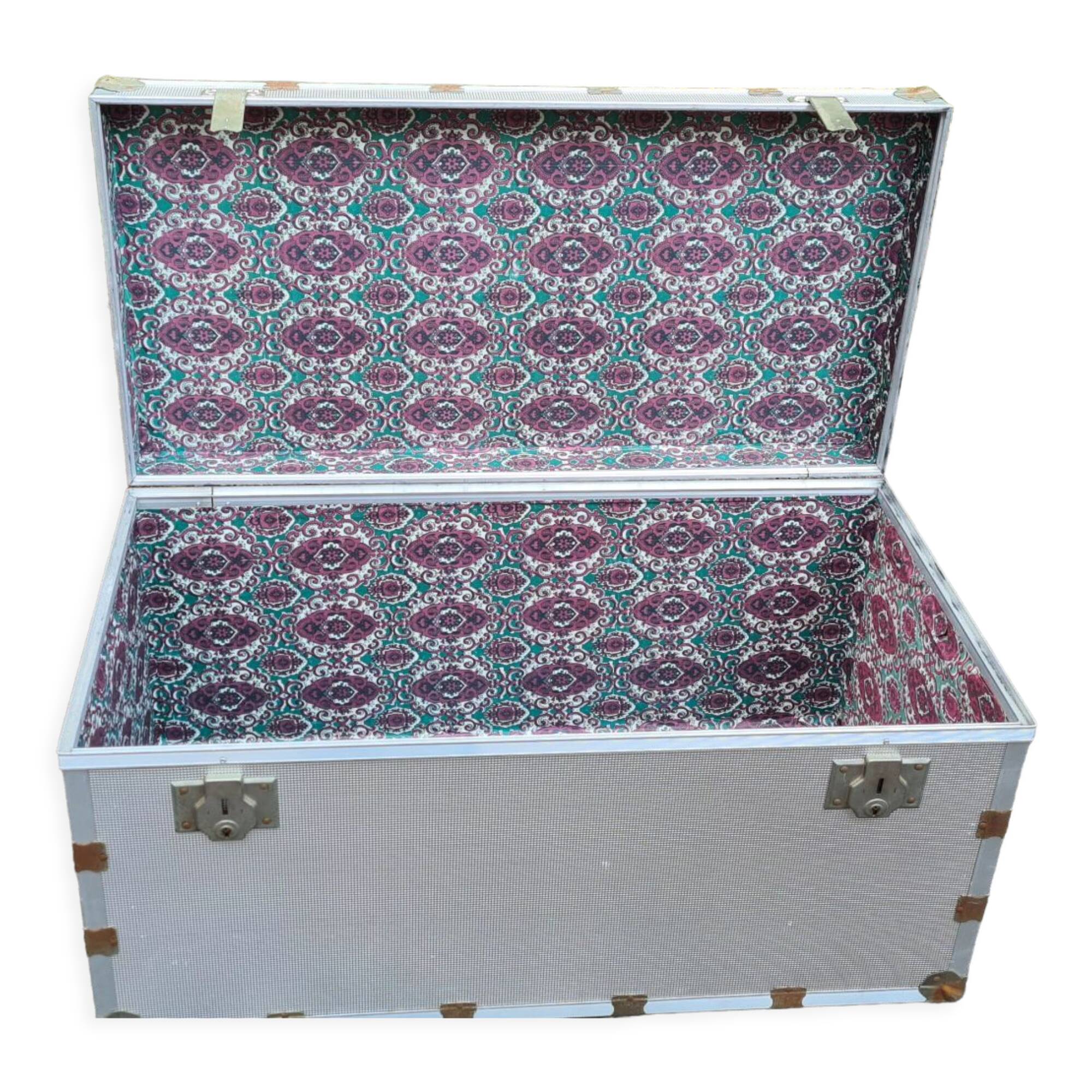 Old metal aluminum trunk / mail trunk / industrial / interior fabric