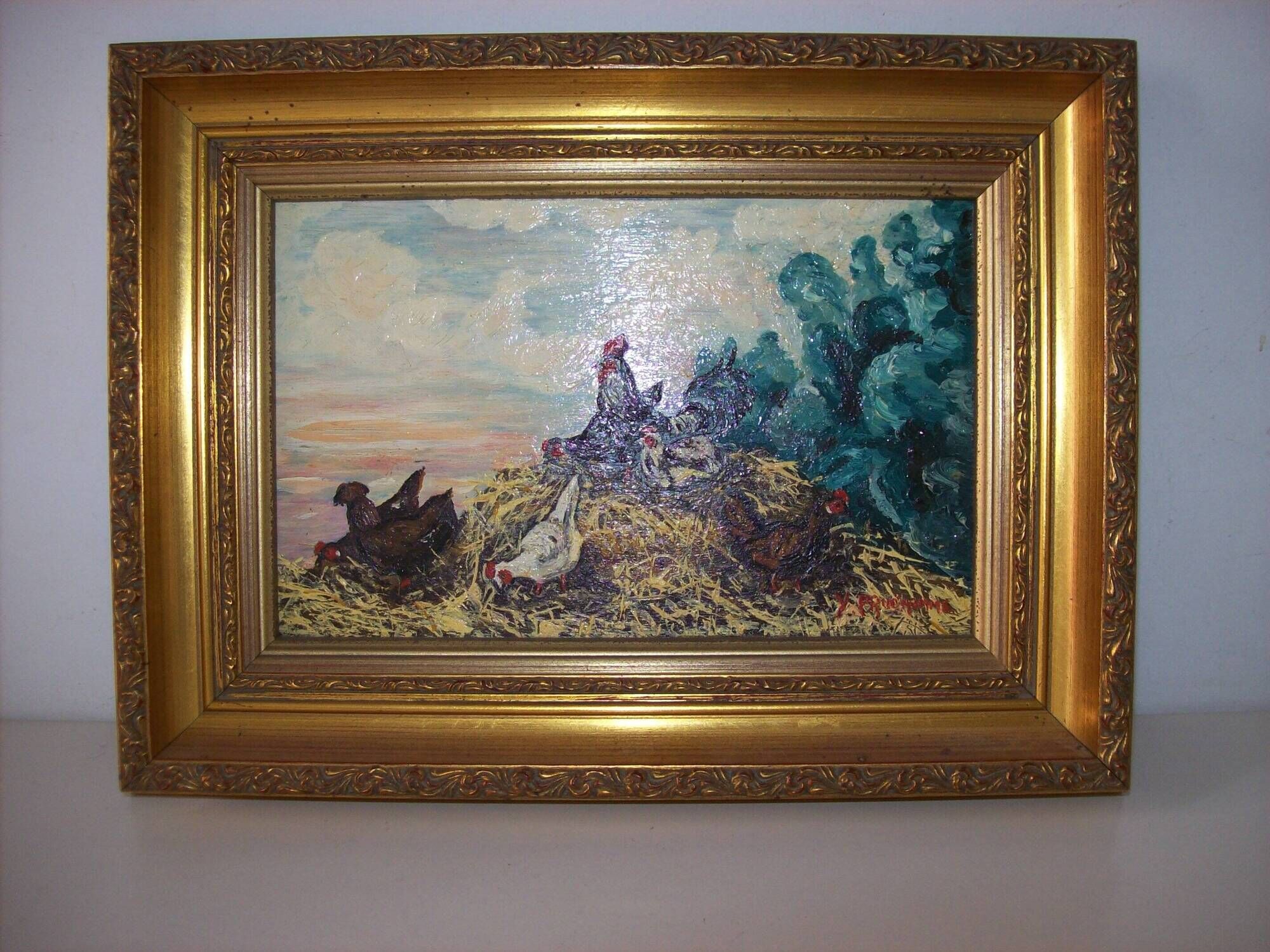 Oil on wood panel rooster and hens signed