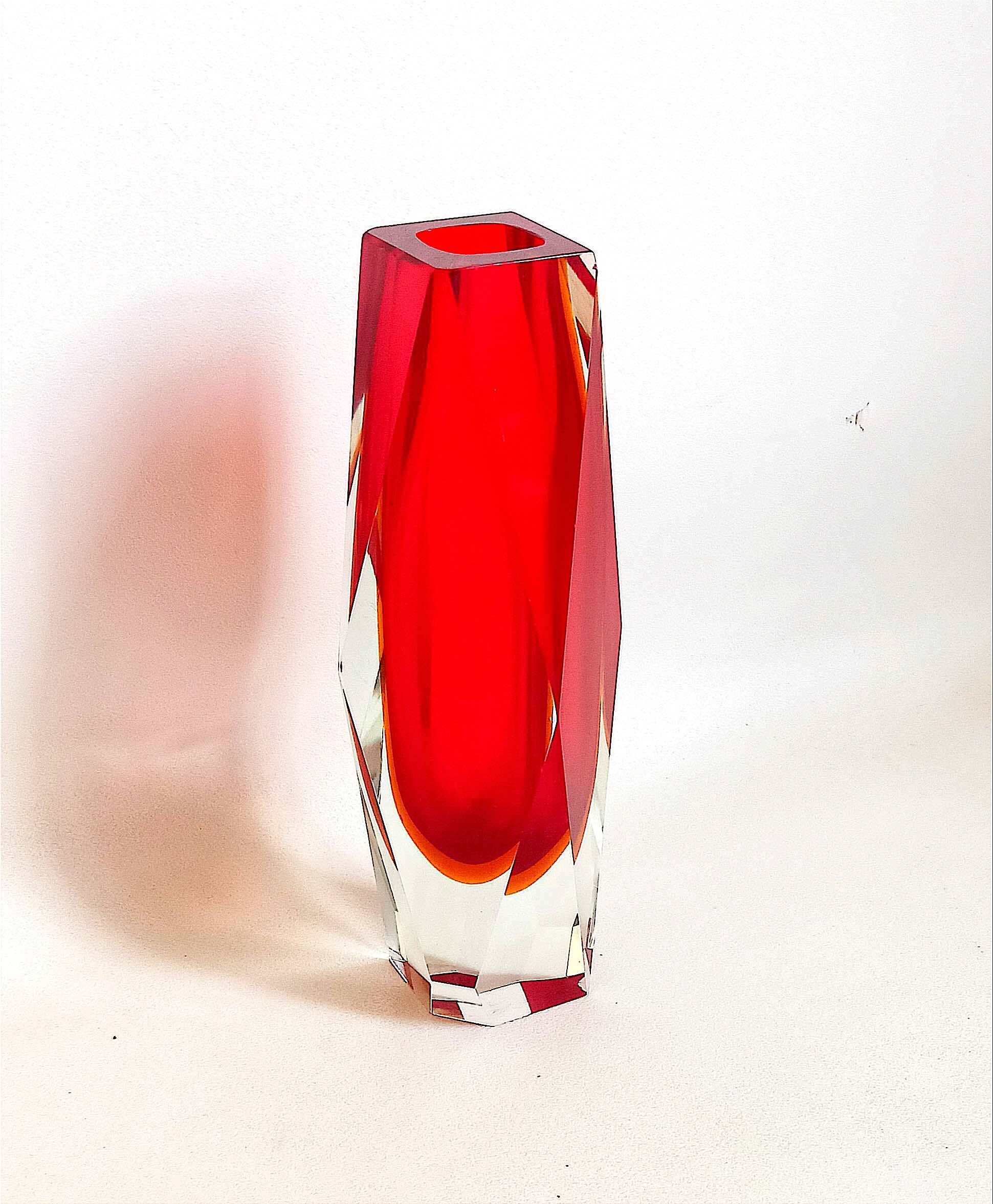 Bright red Murano Sommerso faceted vase 1960s Height 30 cm