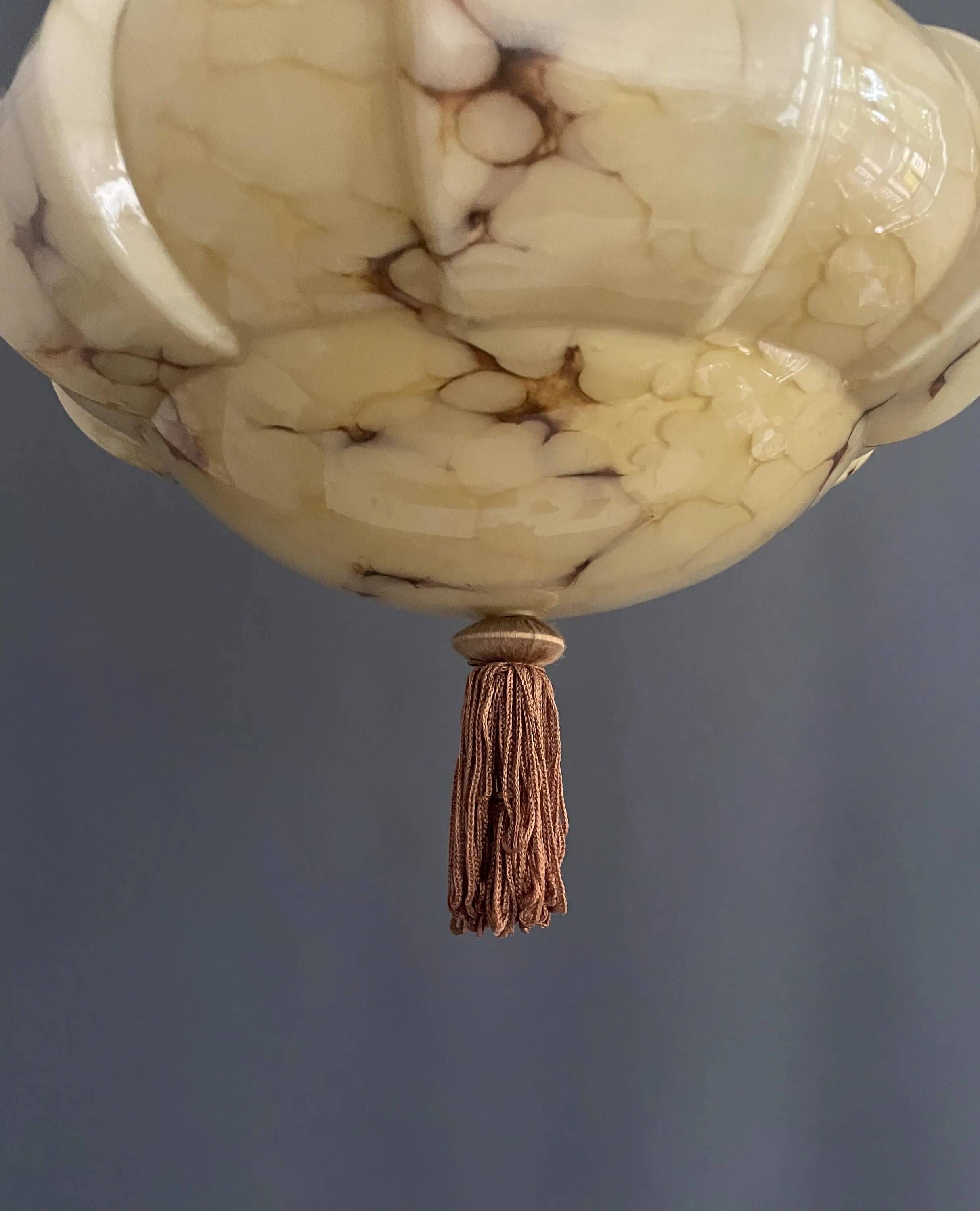 Art Deco Hanging Light with Wrapped Stem, Marble Effect, Metal and Brass - 1930s