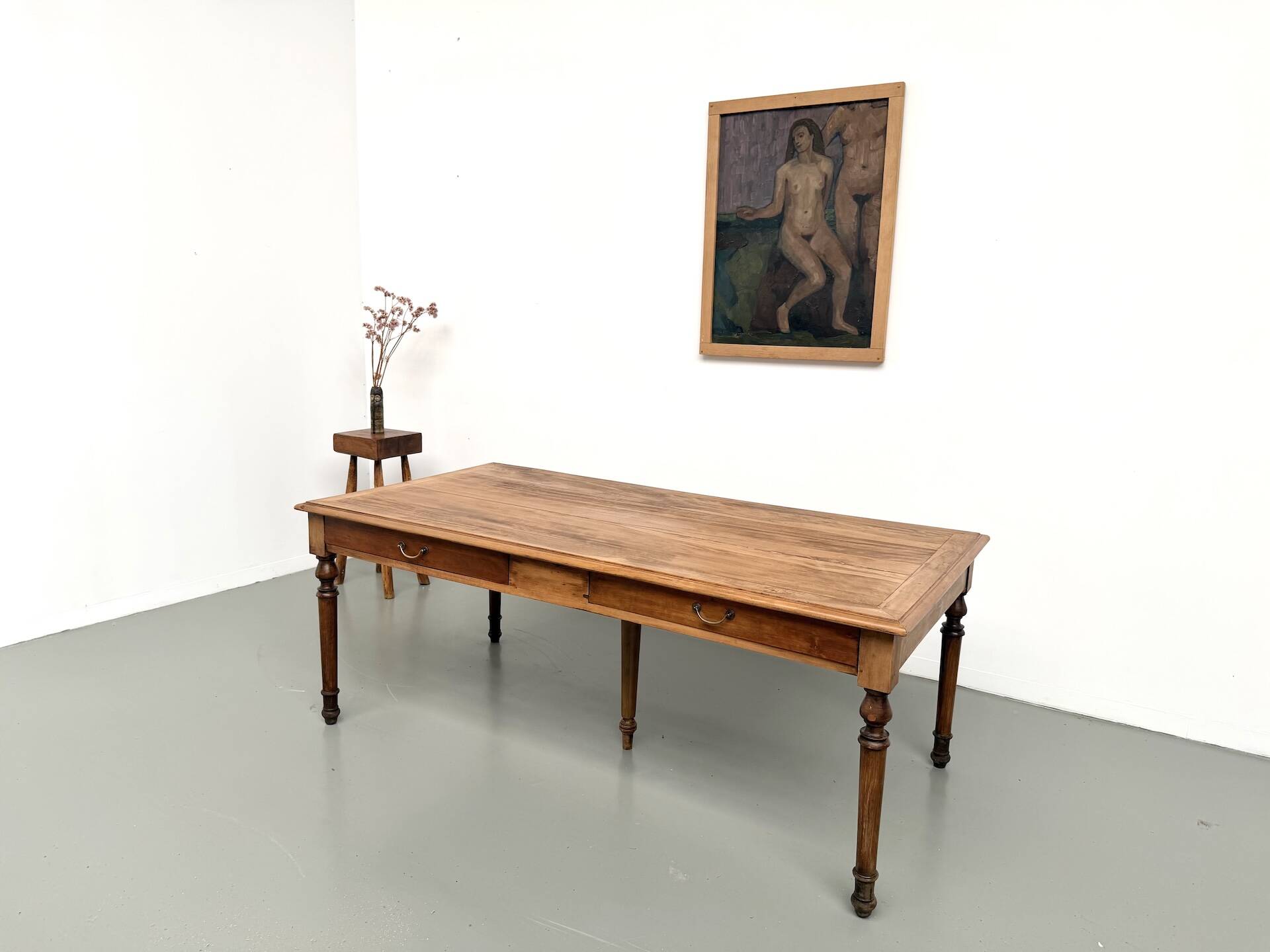 Farm table with 5 feet in beech and 4 drawers, 1950s.