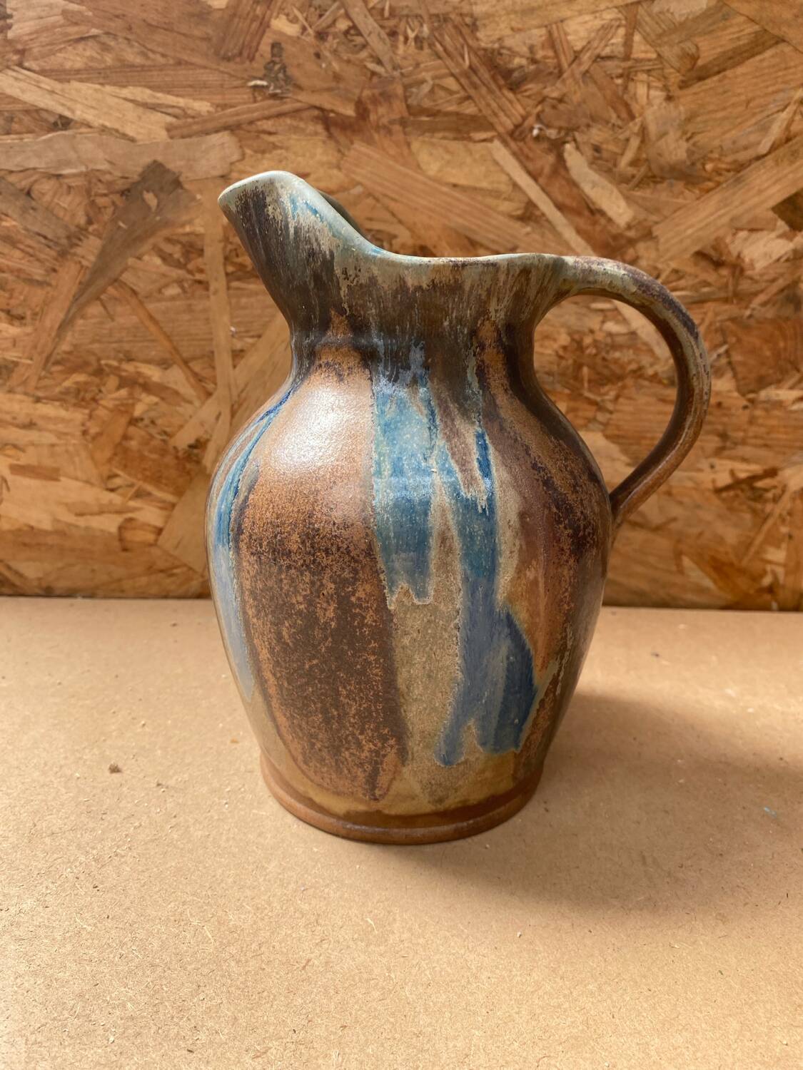 Antique art nouveau vintage blue brown flamed stoneware pitcher