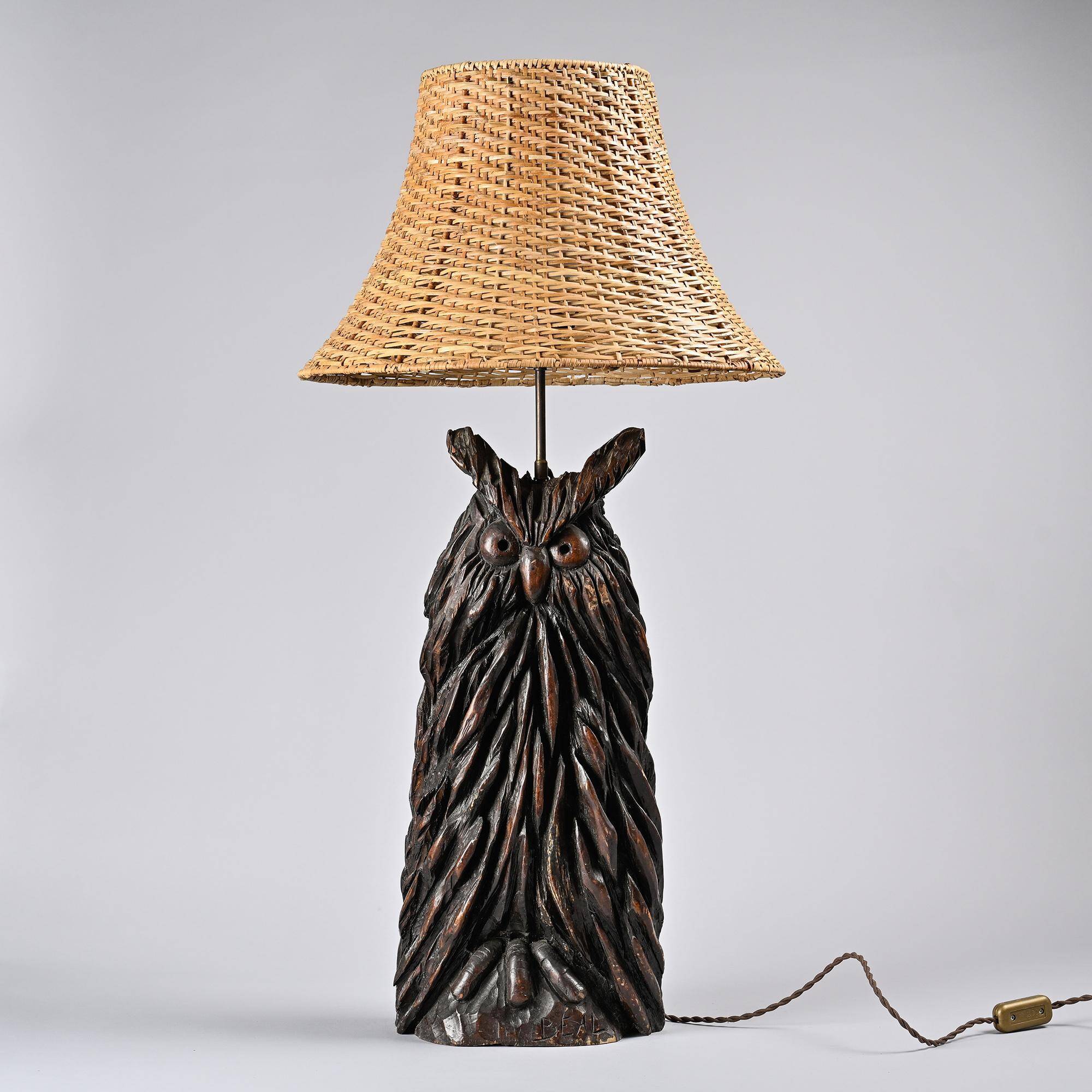 Owl table lamp in carved wood by BEAL, circa 1970.