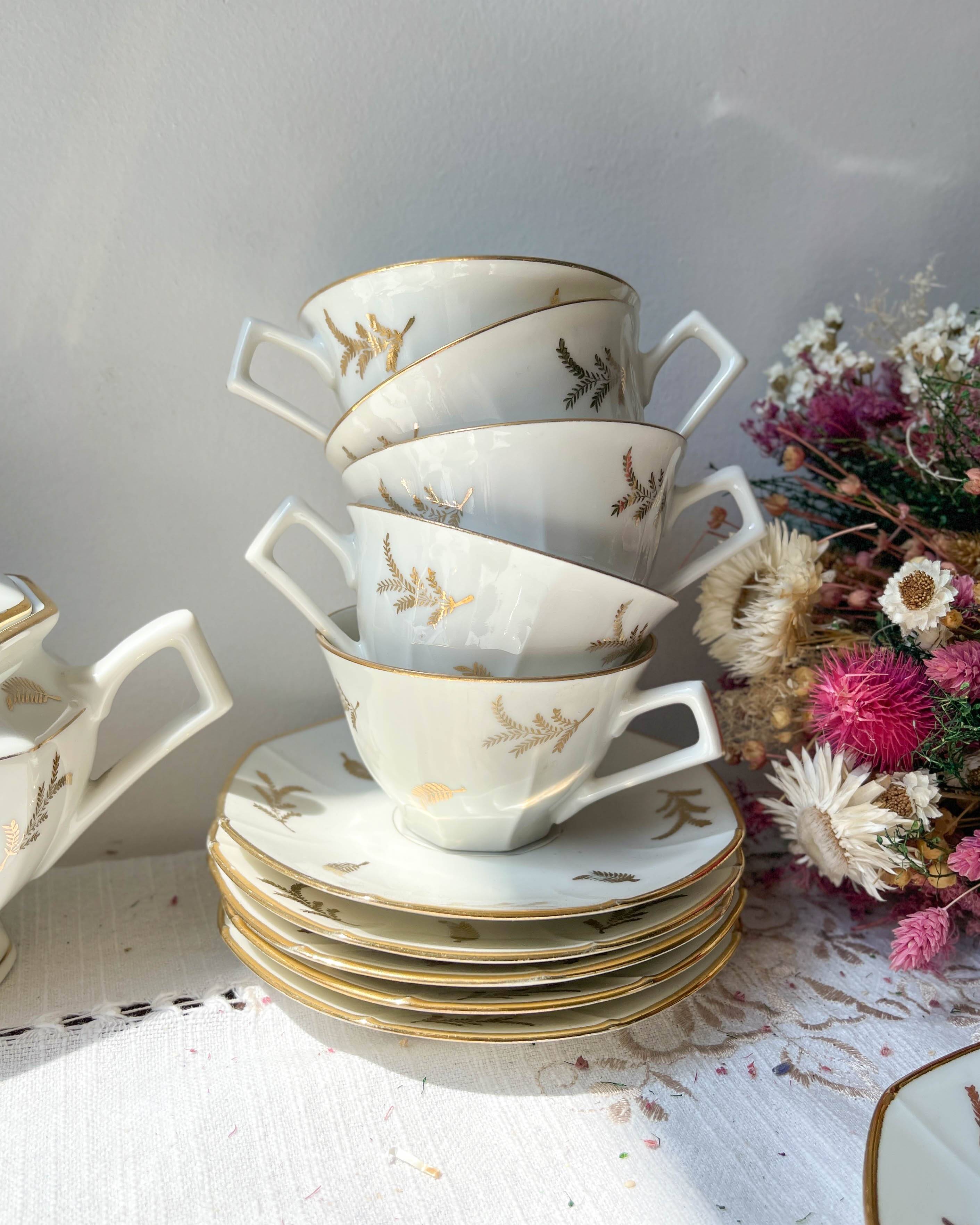 Vintage tea/coffee set in white porcelain with Limoges gold trim