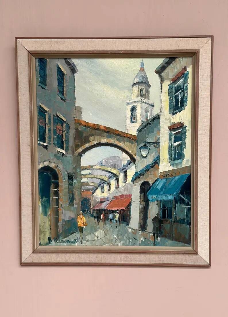 Original Swedish Oil on Canvas –“Market Alley” by B. Komino – Signed – Vintage & Framed –57 × 61 cm