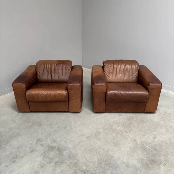 Ensemble de fauteuils en cuir marron vintage, années 1970.