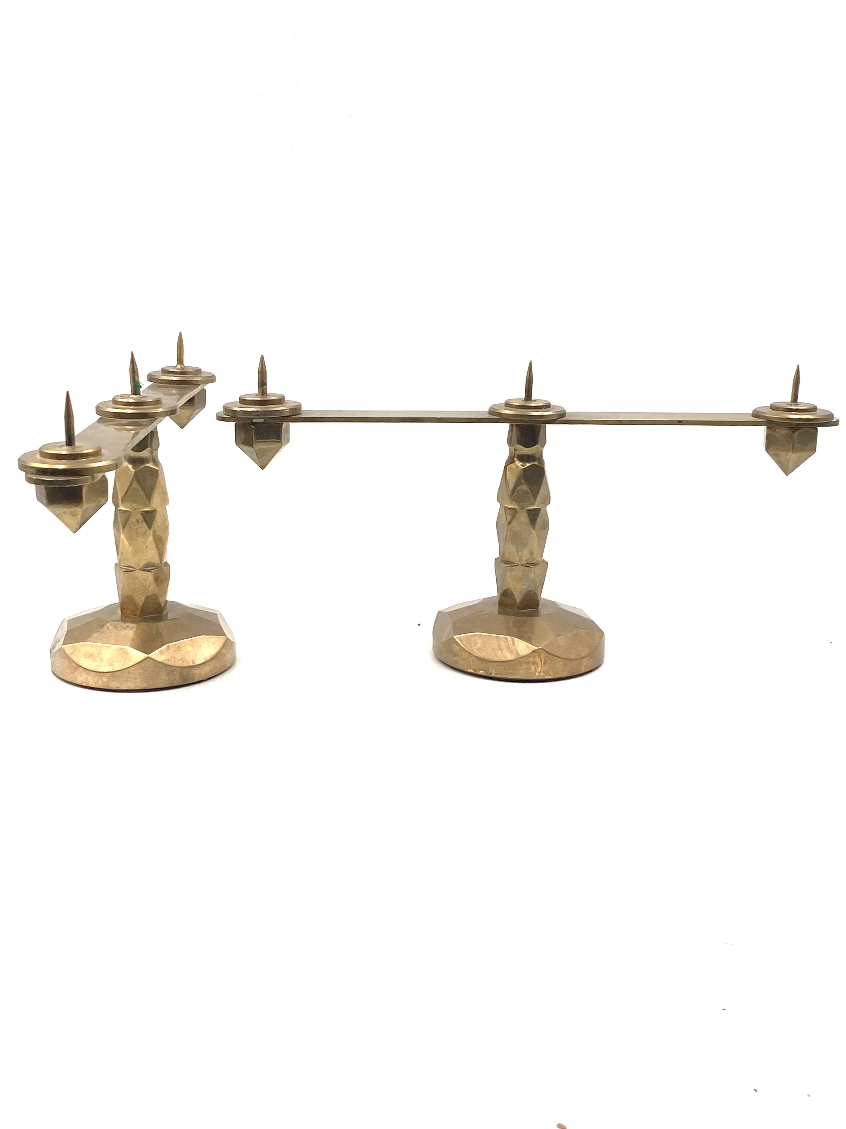 Brutalist brass pair of candle holders, France 1970