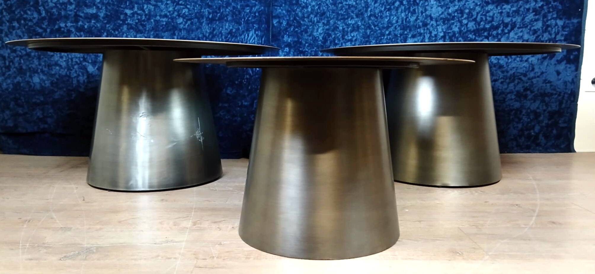 Set of three designer coffee tables in frosted metal, circa 1990/2000