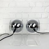 Pair of space age table lamps, chrome sphere and plexiglass, 70s
