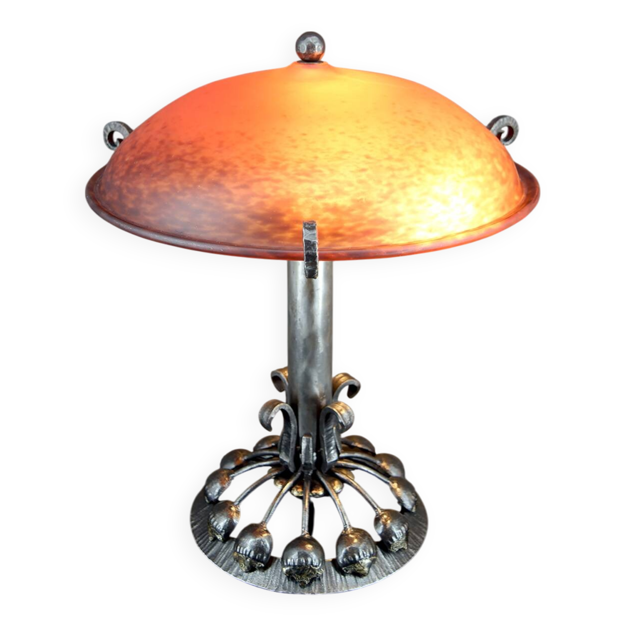 Important Stylized Wrought Iron Lamp with Glass Dome, c. 1930