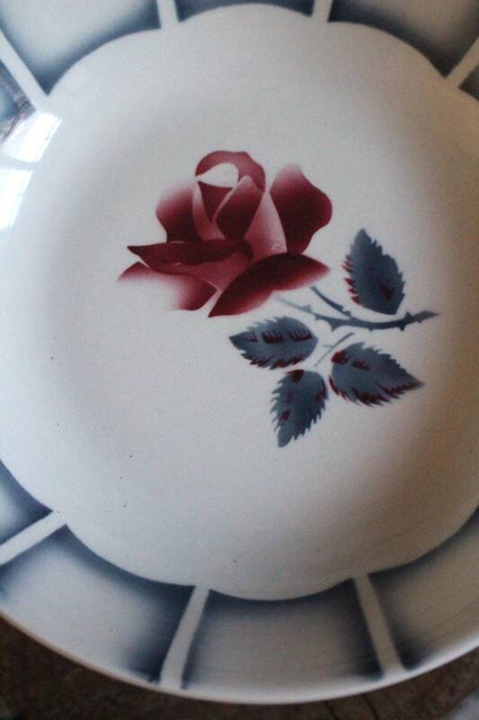 Red rose bowl art deco dolphin Digoin Sarreguemines