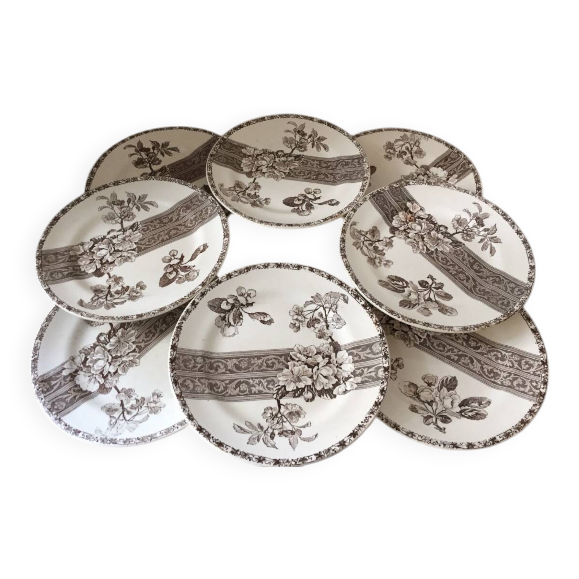 8 Terre de Fer dessert plates, 19th century