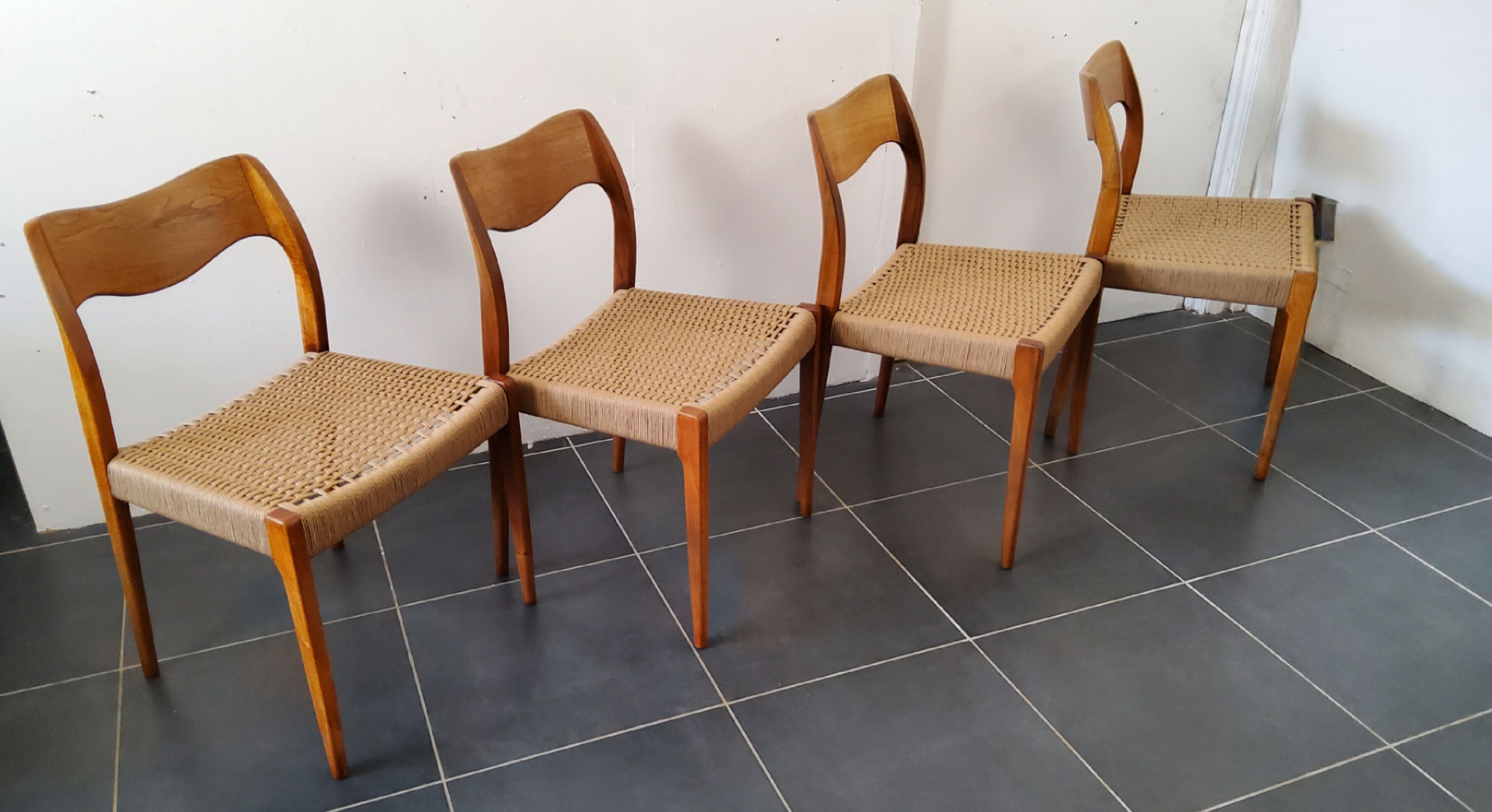 4 Scandinavian chairs by Niels Otto Møller, Danish design, 1950s, wood and rope