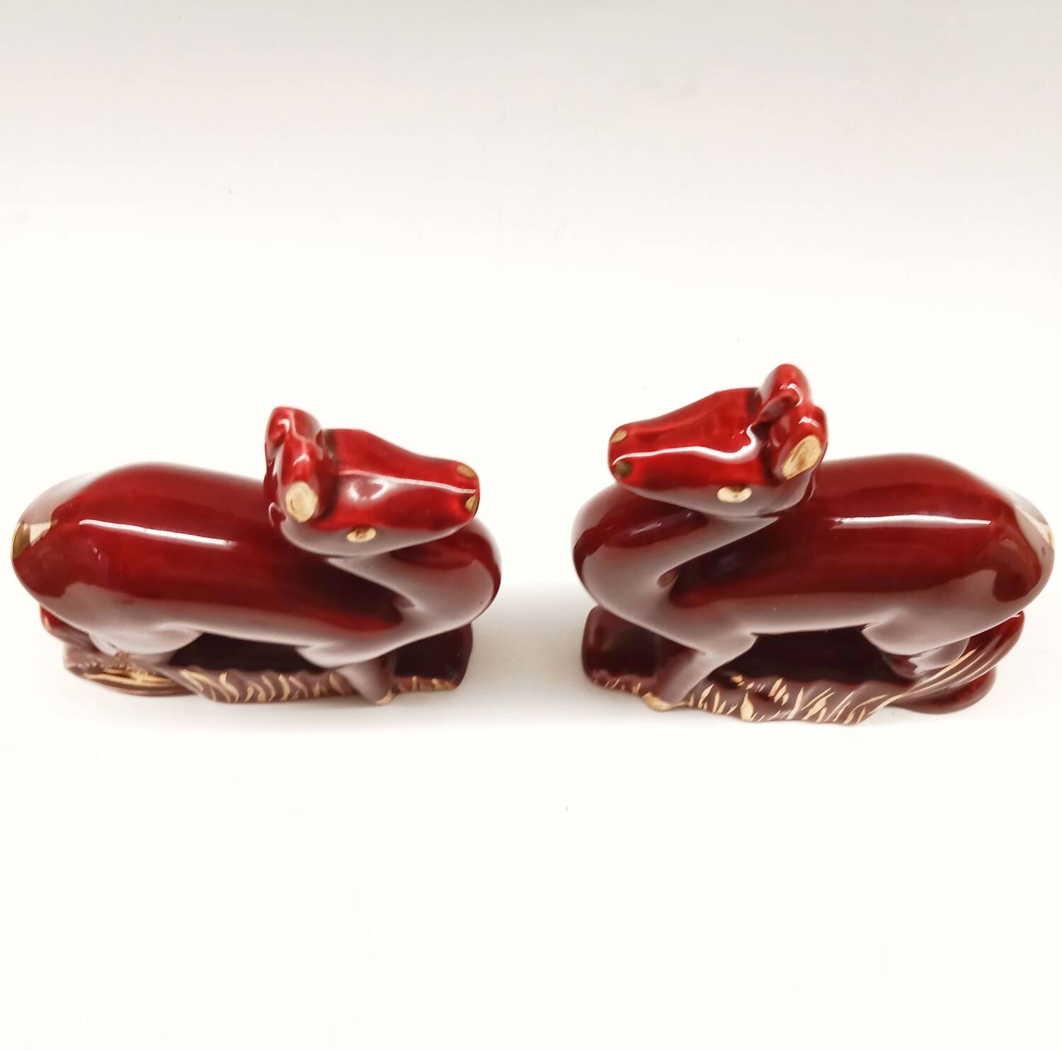 Lot of 2 Art Deco Ceramic Deer in Burgundy and Gold France