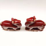 Lot of 2 Art Deco Ceramic Deer in Burgundy and Gold France