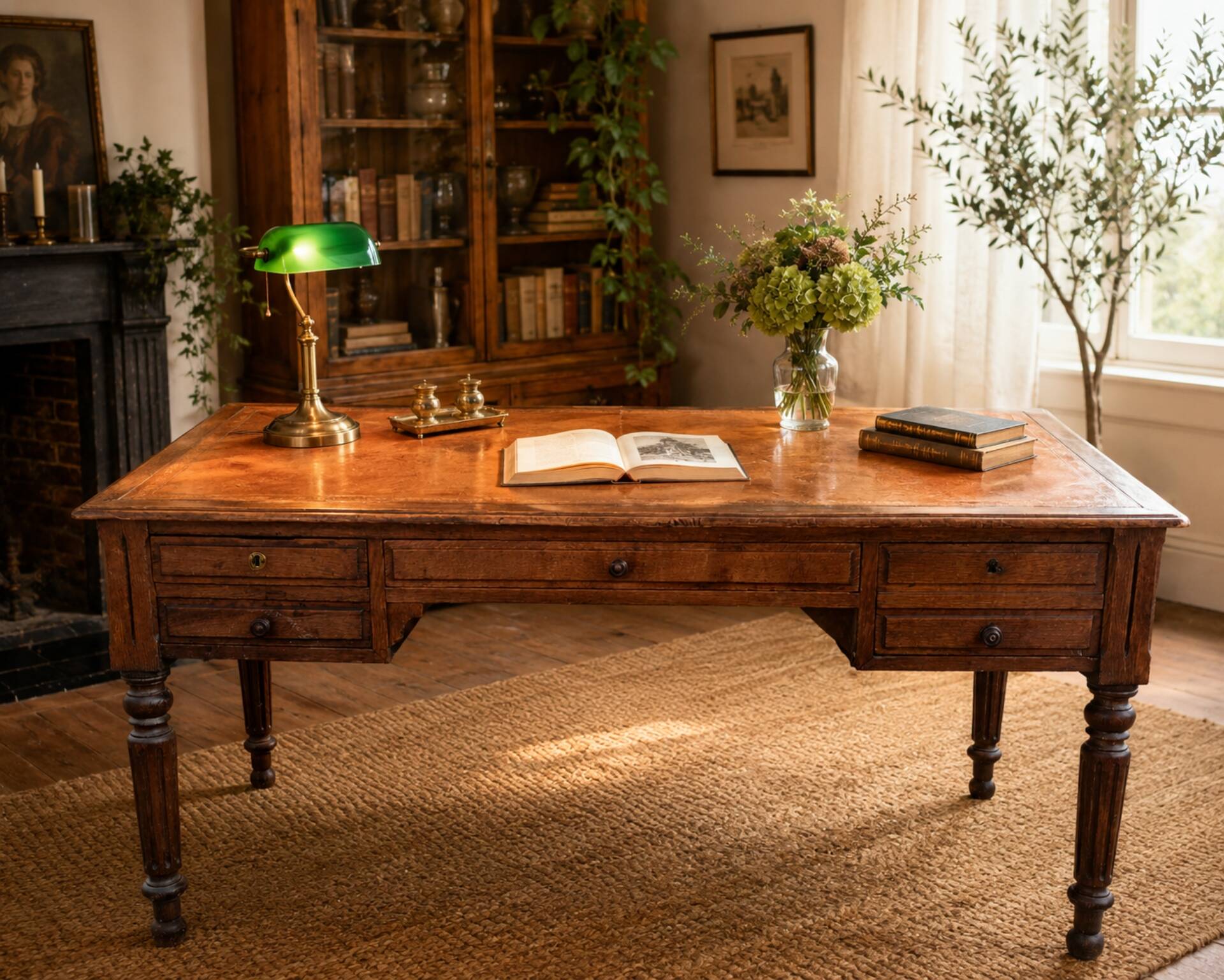 Antique oak desk - leather top