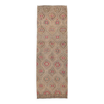 Tapis géométrique marron et rouge délavé 3x9, tapis kilim vintage, 92x280 cm