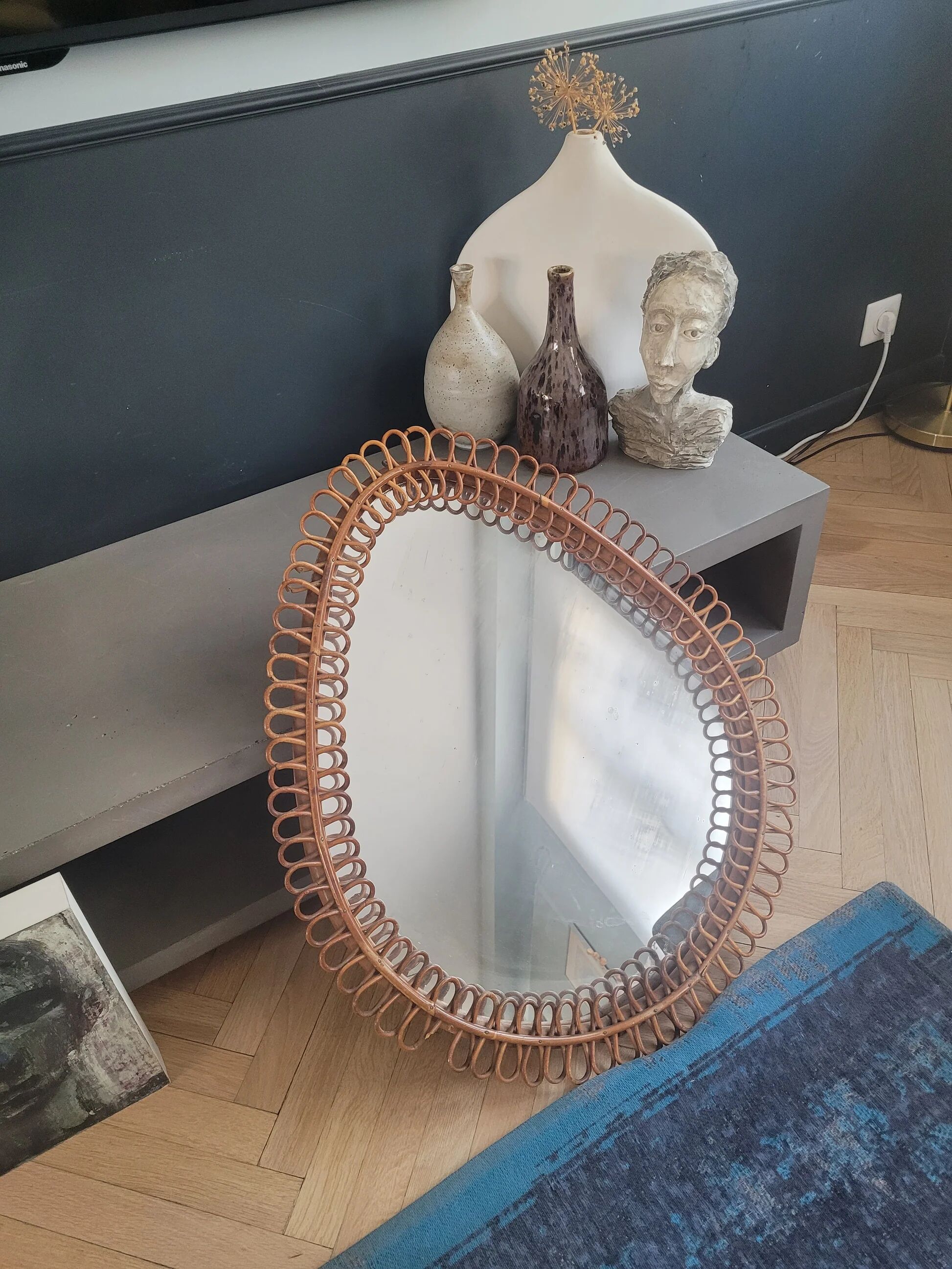 Grand miroir vintage en rotin et bambou