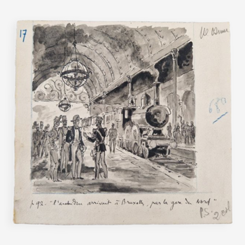 Tableau jacques boullaire (1893-1976) - encre et lavis d'encre sur papier - l'archiduc arrivait à bruxelles