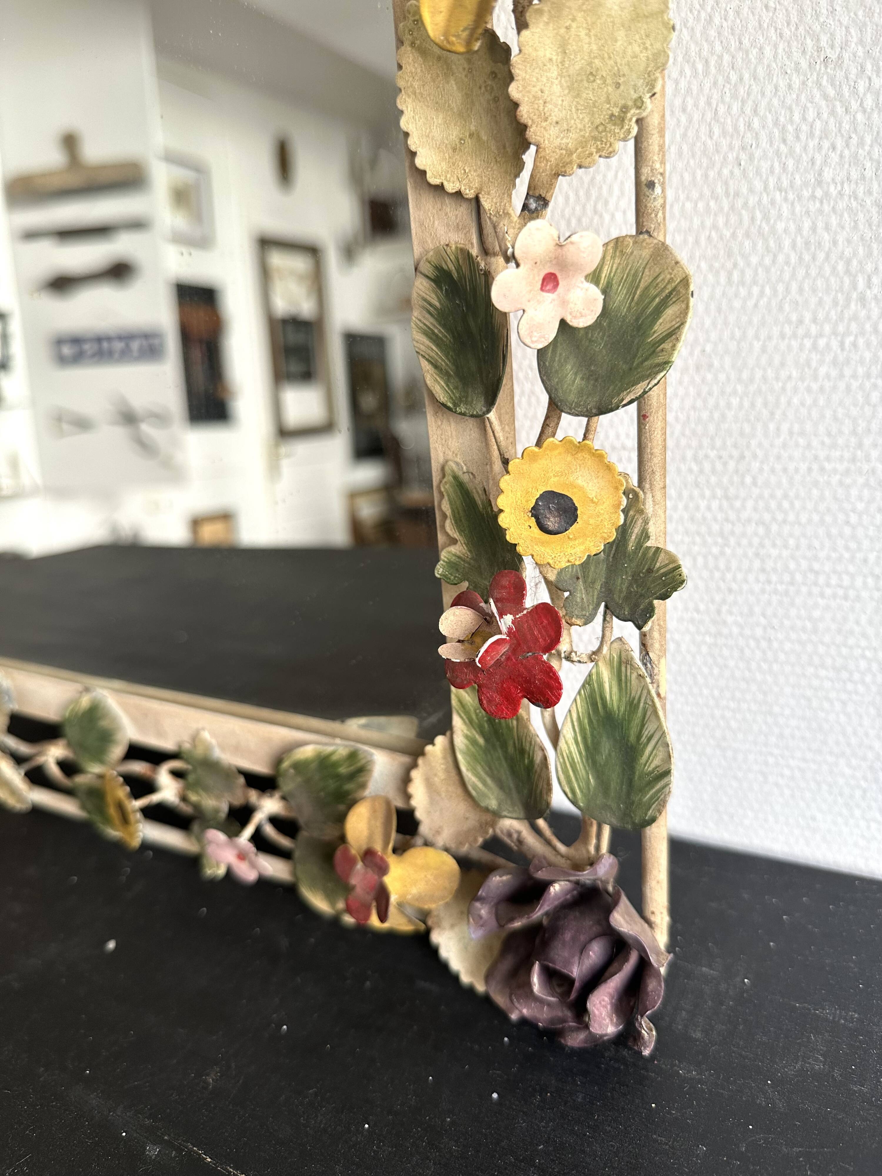 Italian wall mirror in polychrome floral metal, 1950s