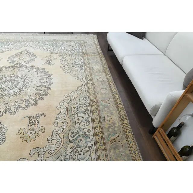 1960s Vintage Persian Handmade Wool Cotton Beige Area Rug 290x385