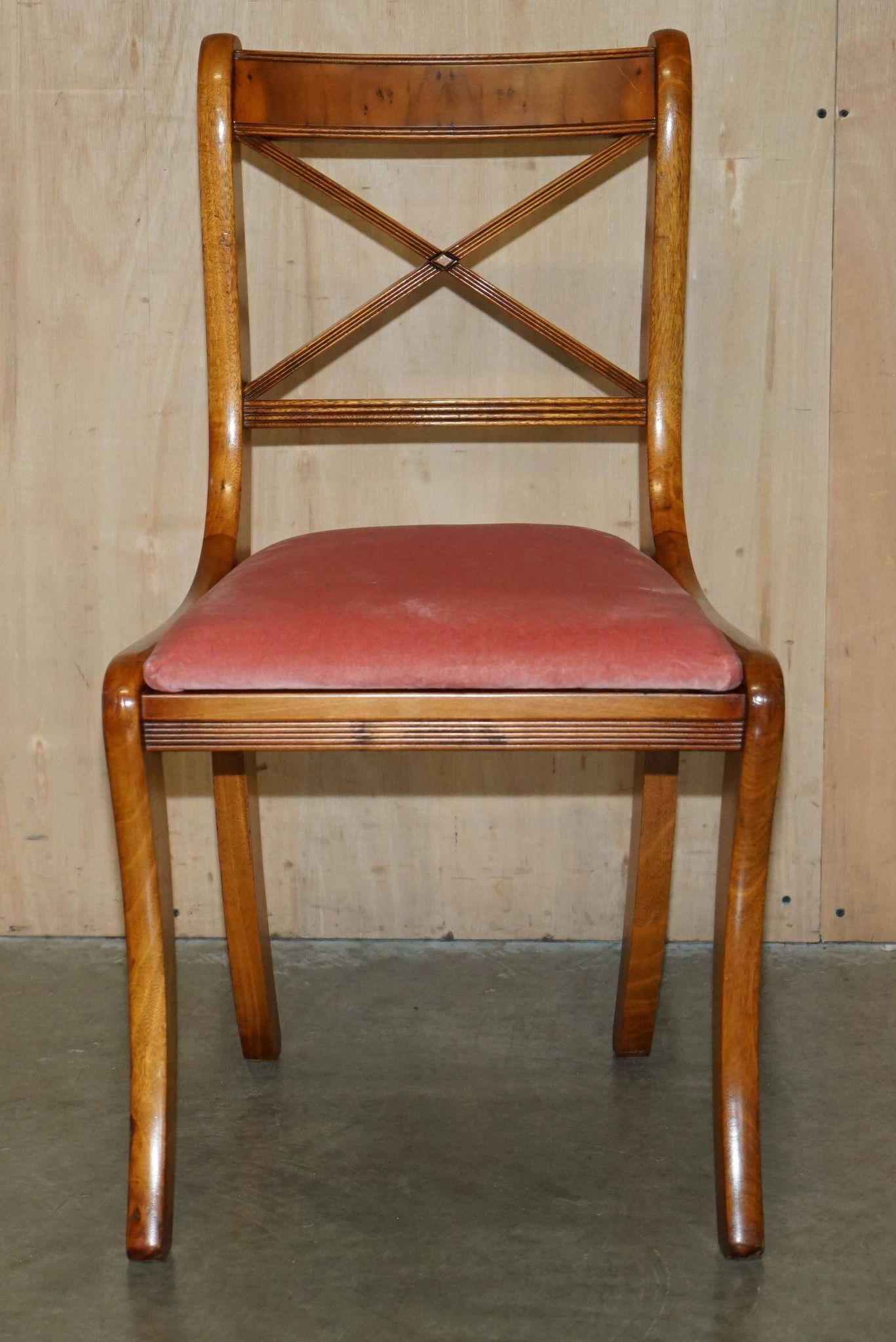 Vintage English walnut burr dressing table with mirror and chair.