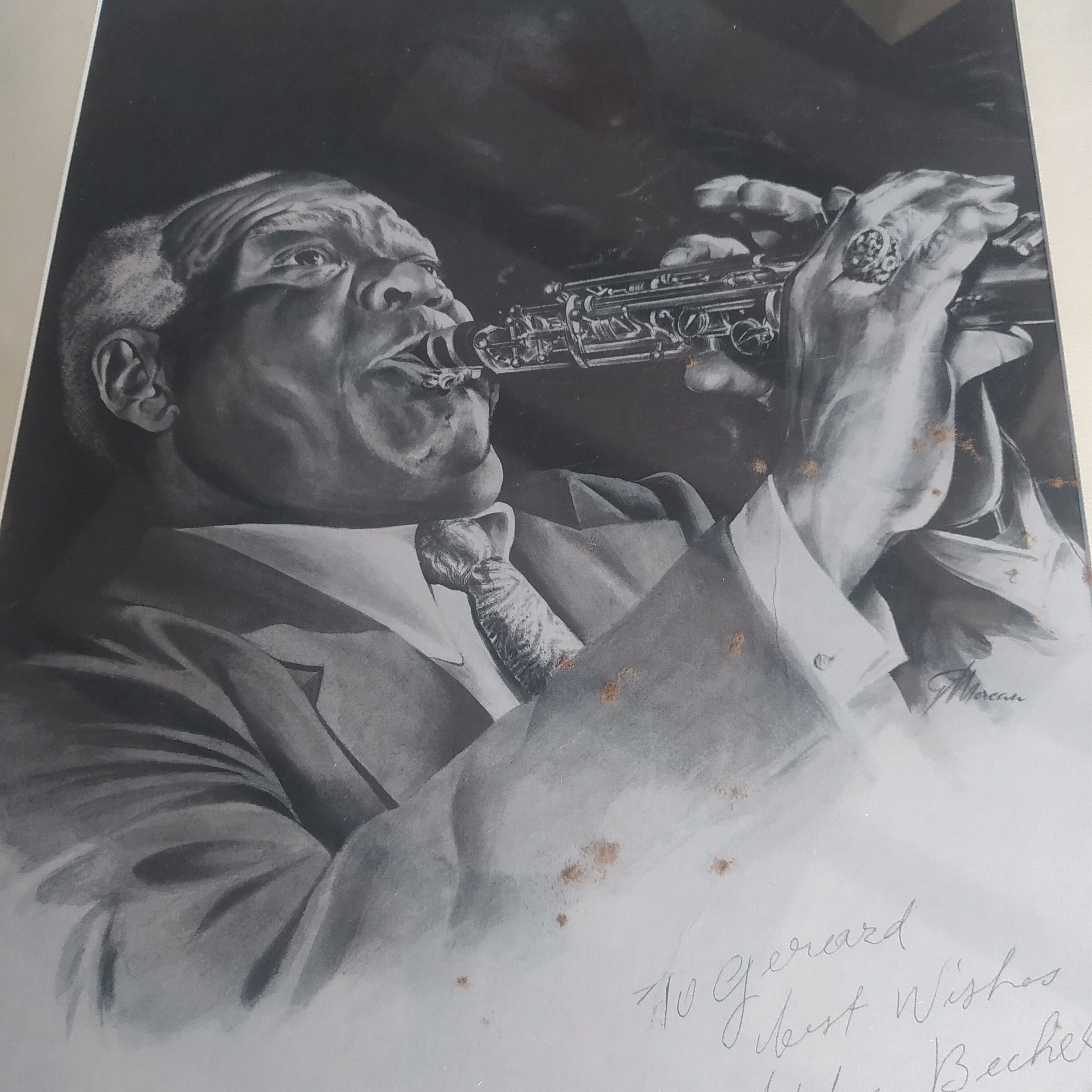 Drawing by Gérard Moreau signed by Sidney Bechet