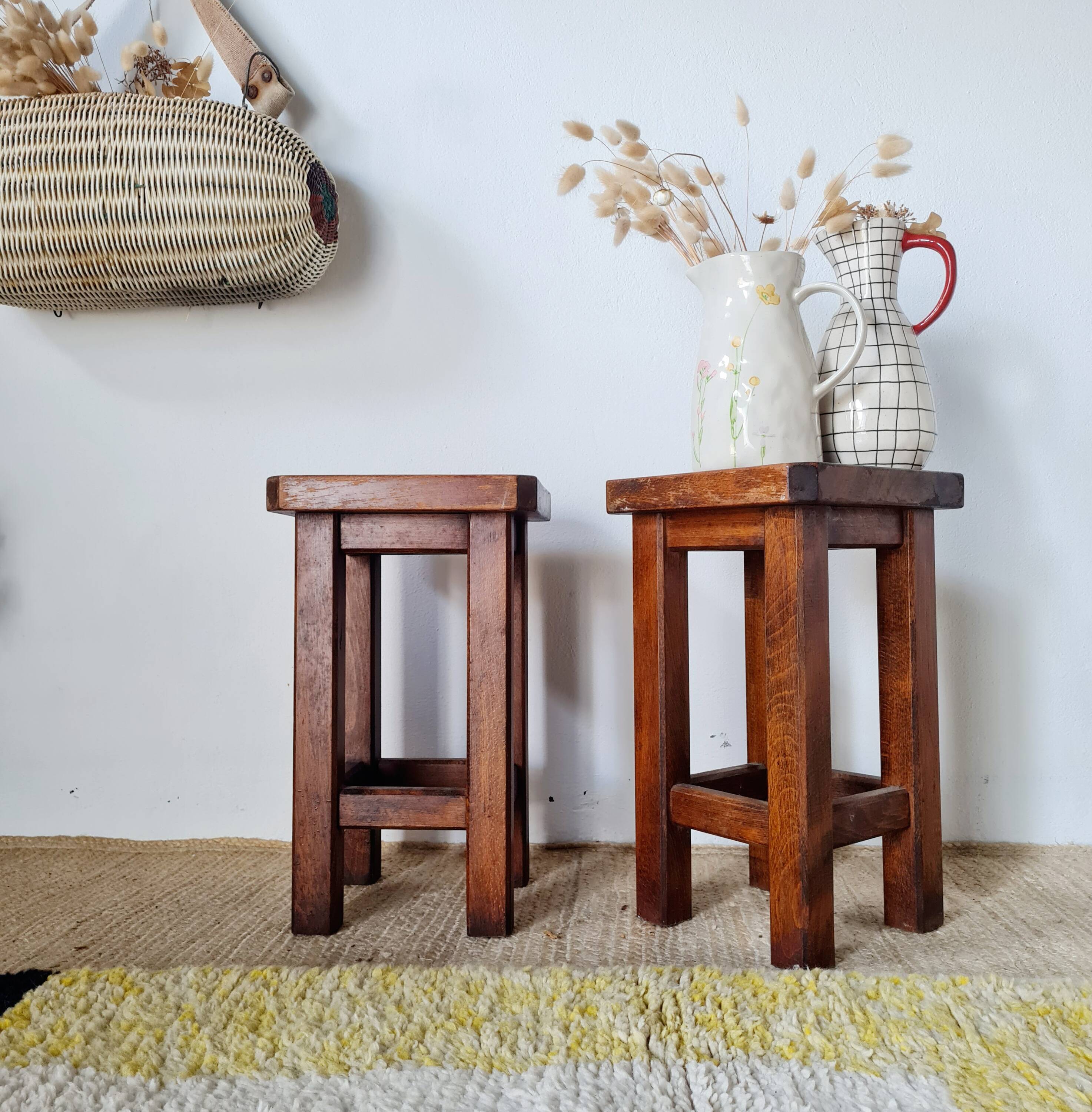 Pair of brutalist wooden stools, bedside tables.