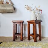 Pair of brutalist wooden stools, bedside tables.