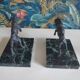 old ibex bookend, base in beautiful black marble veined green