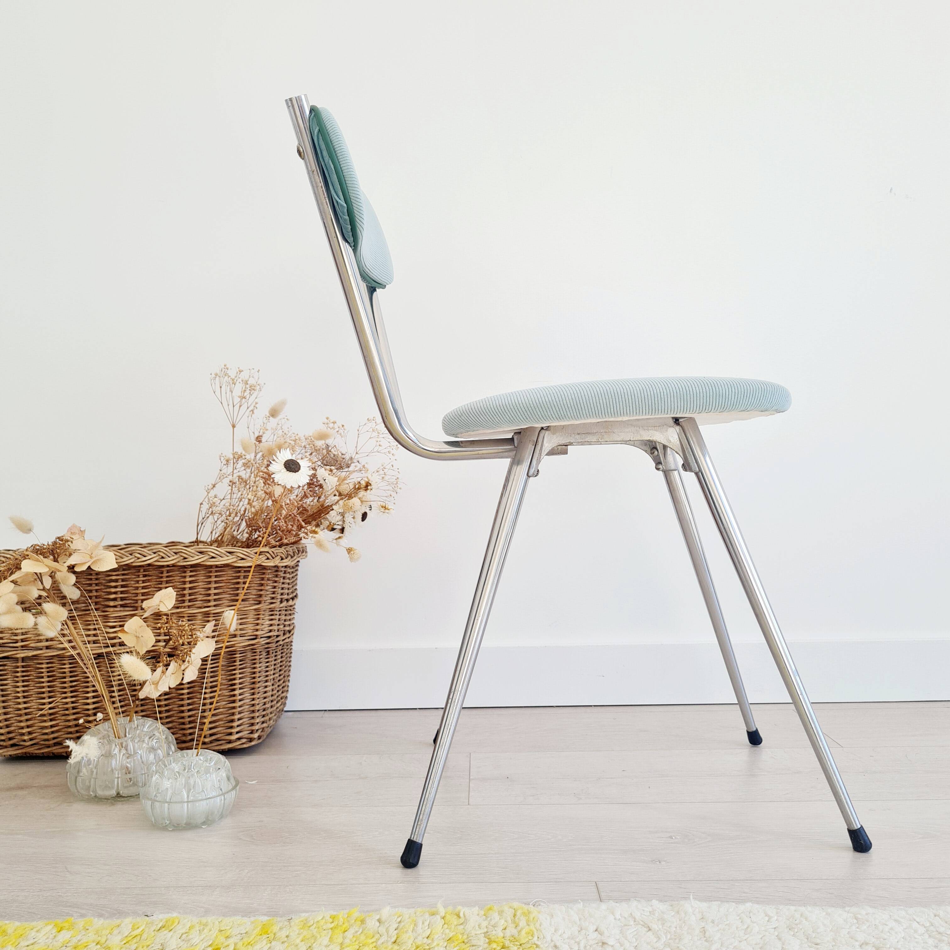 Old chrome metal and blue velvet chair