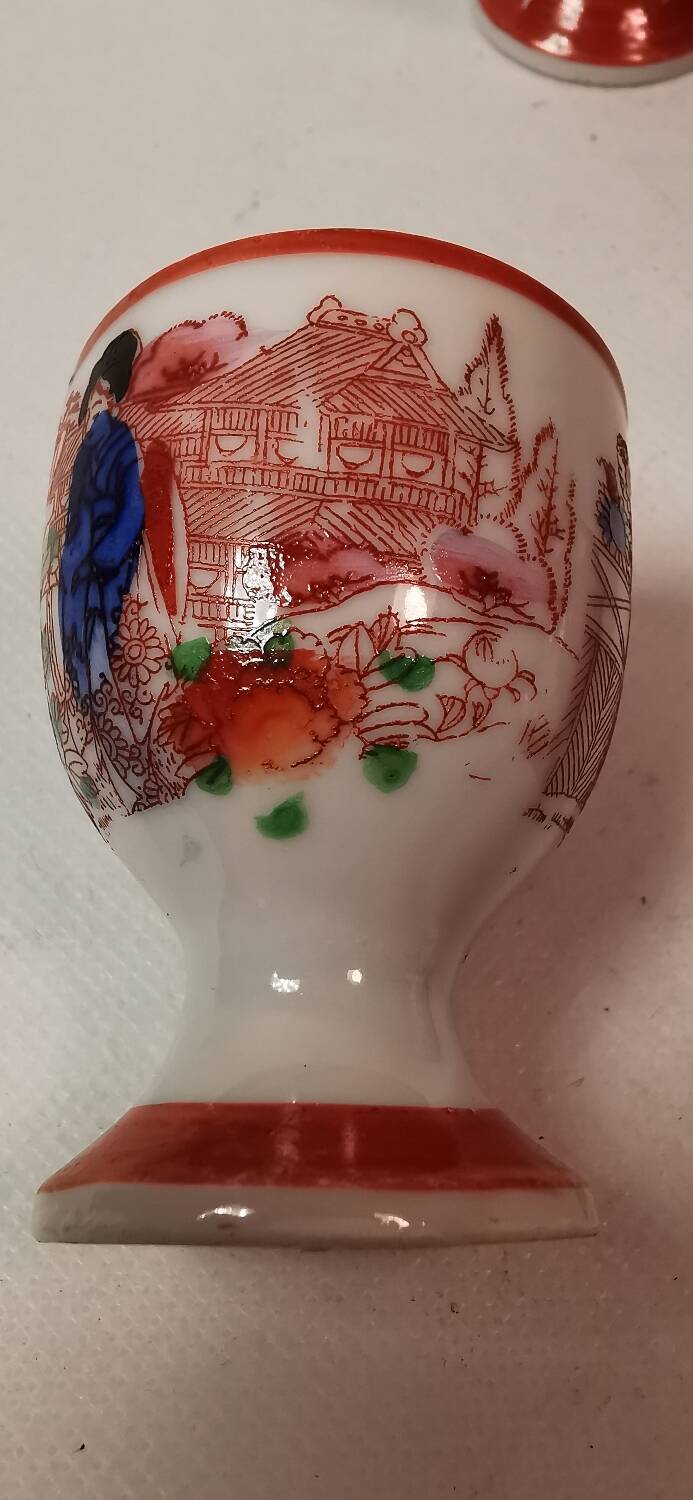 Rare 4 Antique Egg Holders / Egg Cups, Japanese, hand-painted porcelain