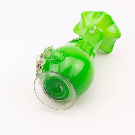 Excentric green blown glass vase with relief flowers Murano