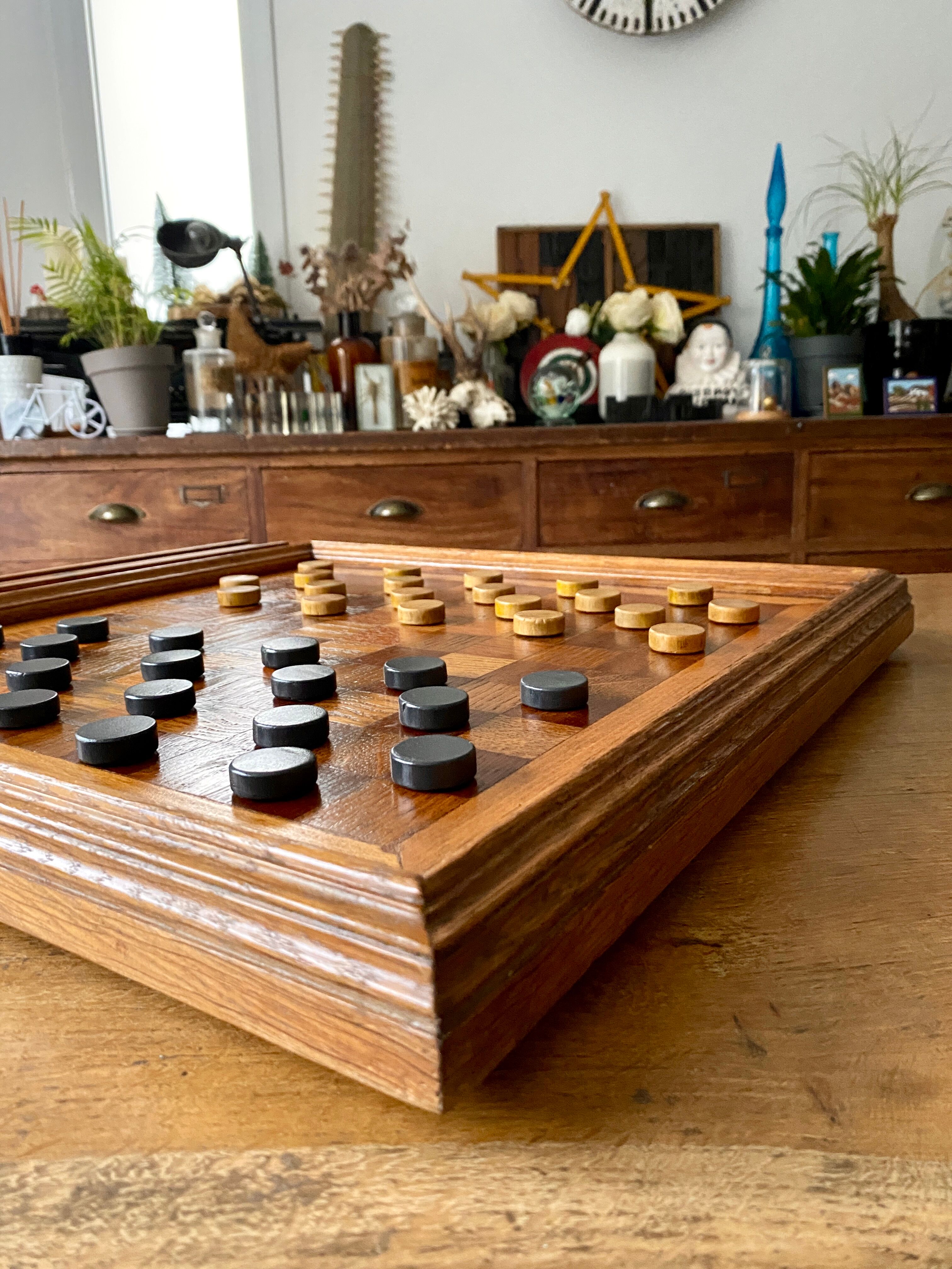 Old wooden checkers board