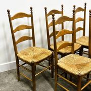 Set of 6 French Elegant Oak Farmhouse Country Dining Chairs wit Rush Seatin
