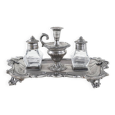 Decorative Art Deco table set – metal tray with glass flacons, European craftsmanship