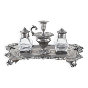 Decorative Art Deco table set – metal tray with glass flacons, European craftsmanship