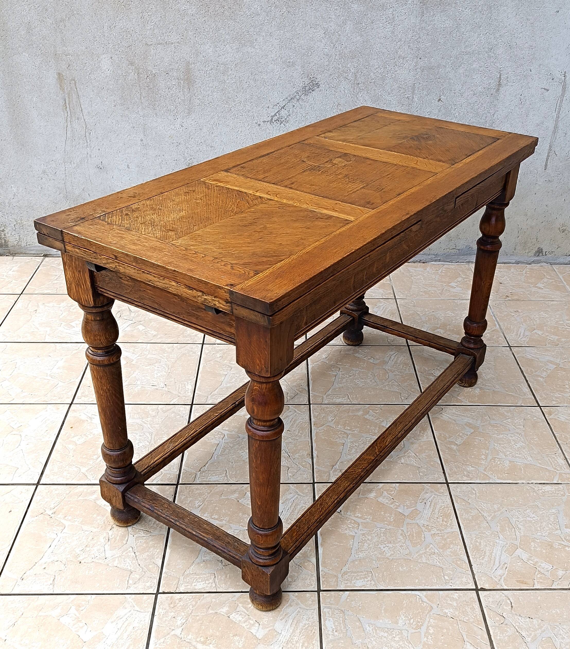 Table console rustique à rallonges en chêne début 20ème