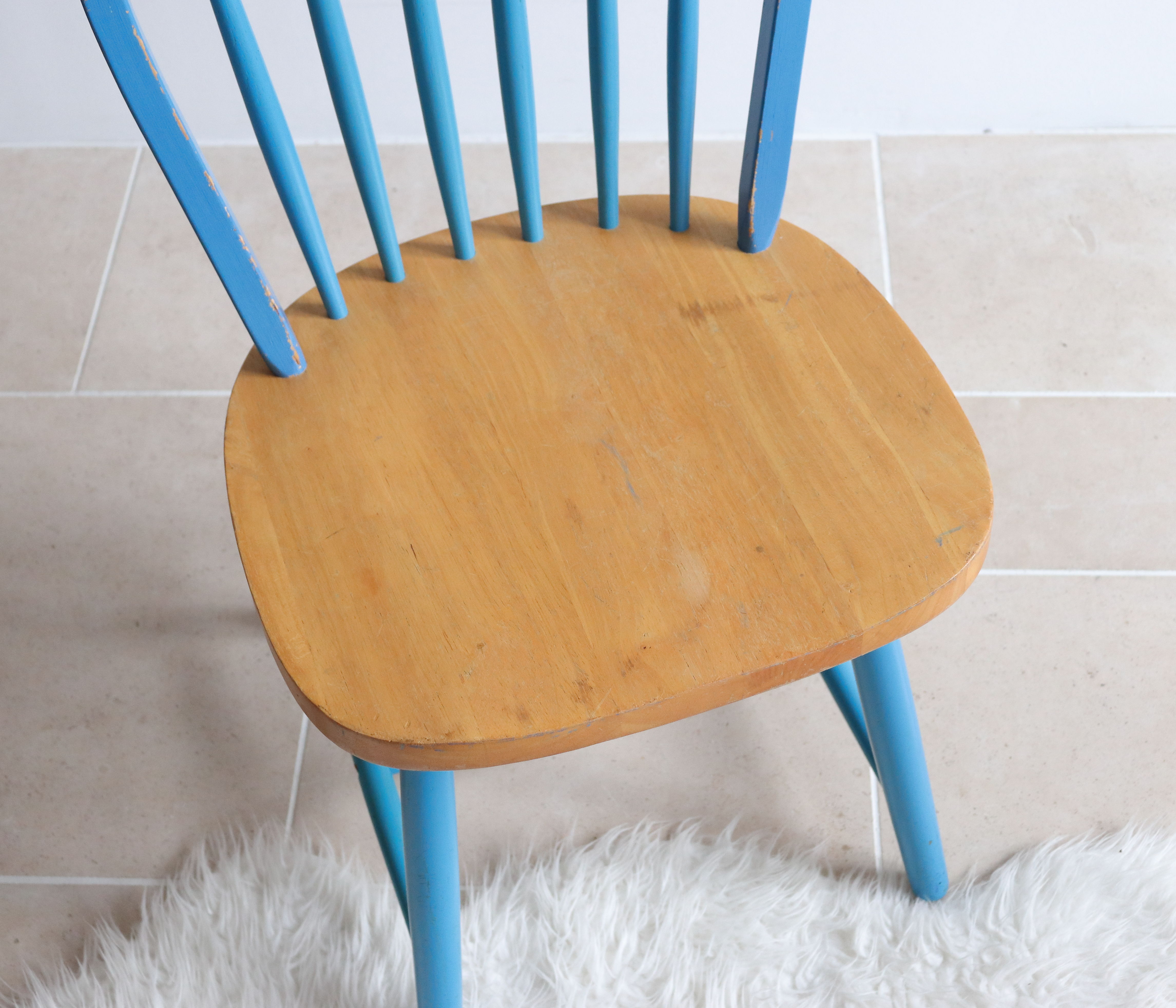 Pair of vintage Scandinavian Windsor chairs with blue bars