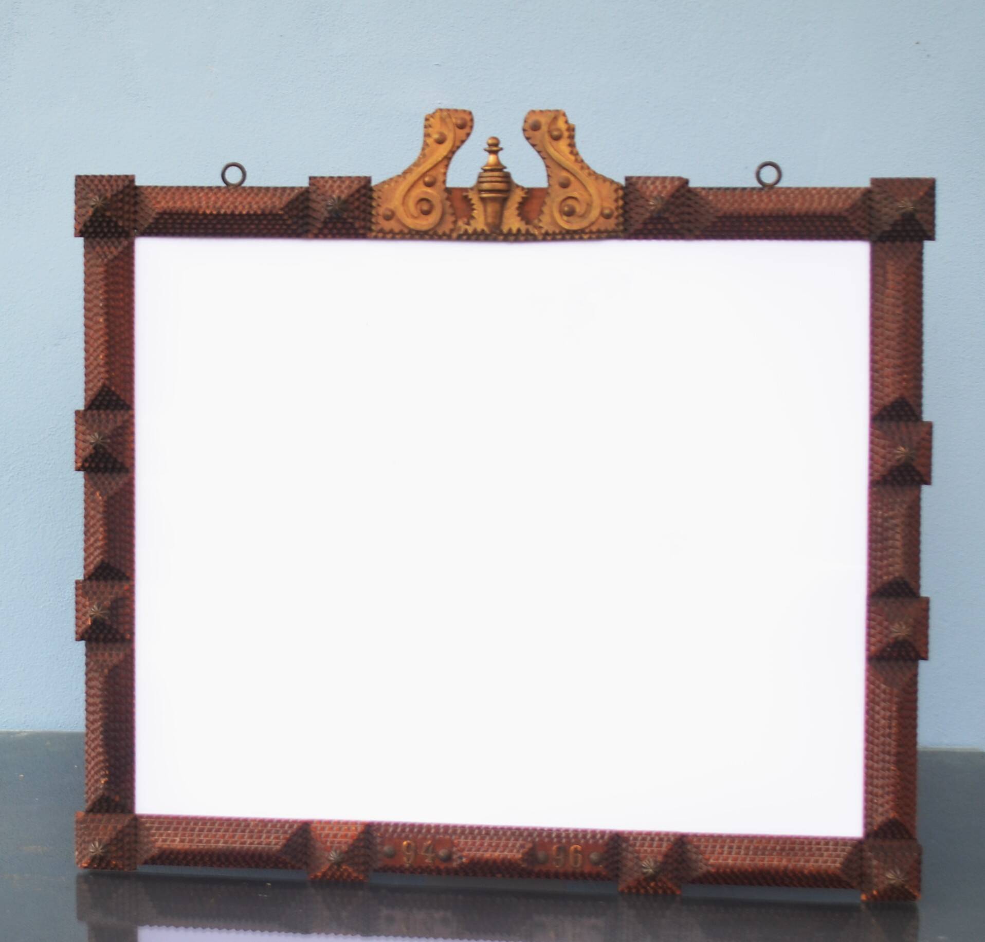 Super large Mirror Tramp Art Framed with brass elements 94 96 Prussia