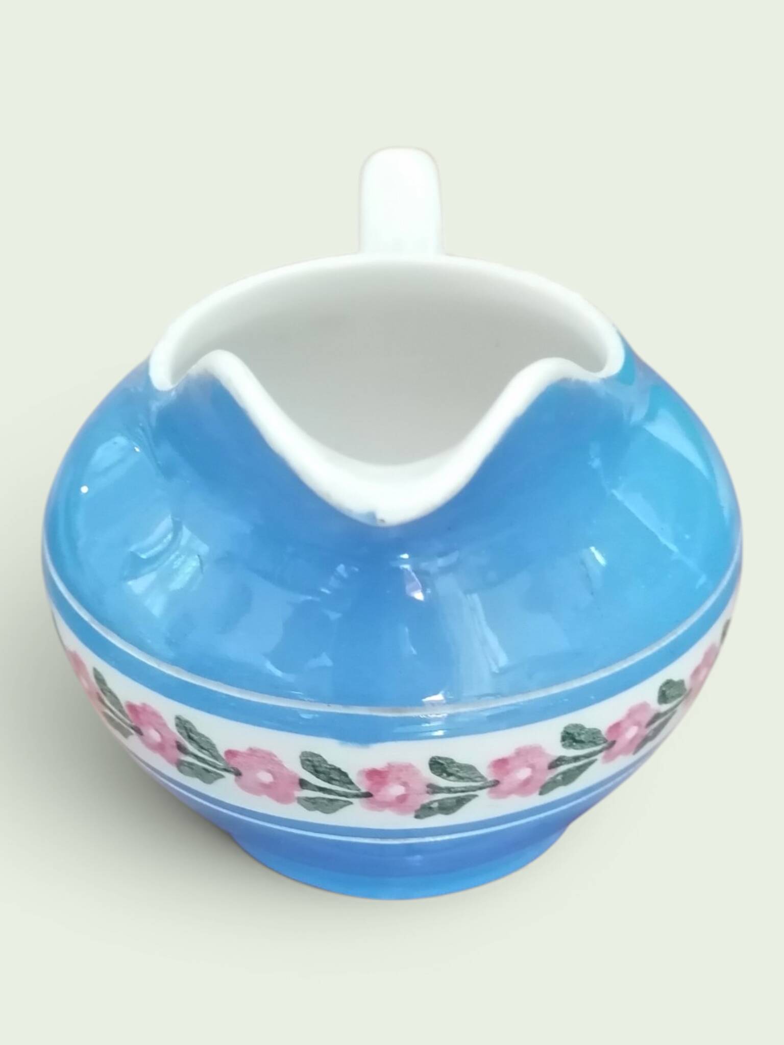 Service à thé en faience ancienne bleu et rose. Sarreguemine 1950